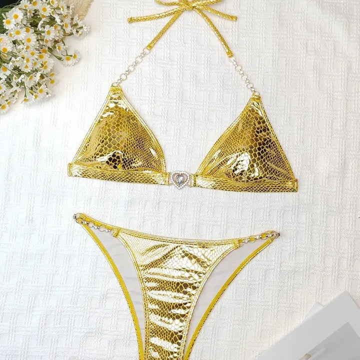 Frau Schlangenhaut-Print Trekant-Bikini-Sæt med elegant Kæde Detalje Stilla