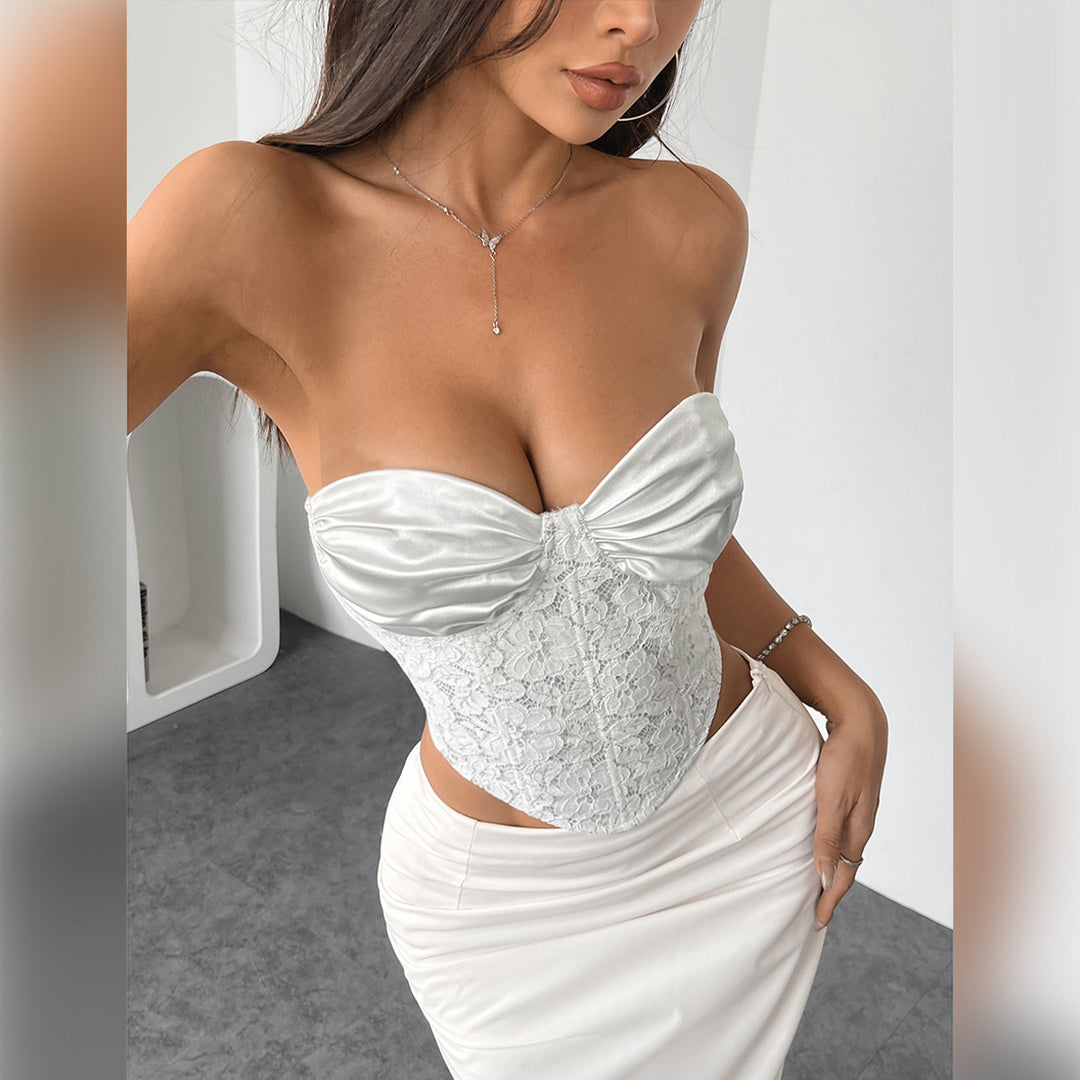 Dame Korset-Top med elegant satin-overflade og blondereinsats Stilla