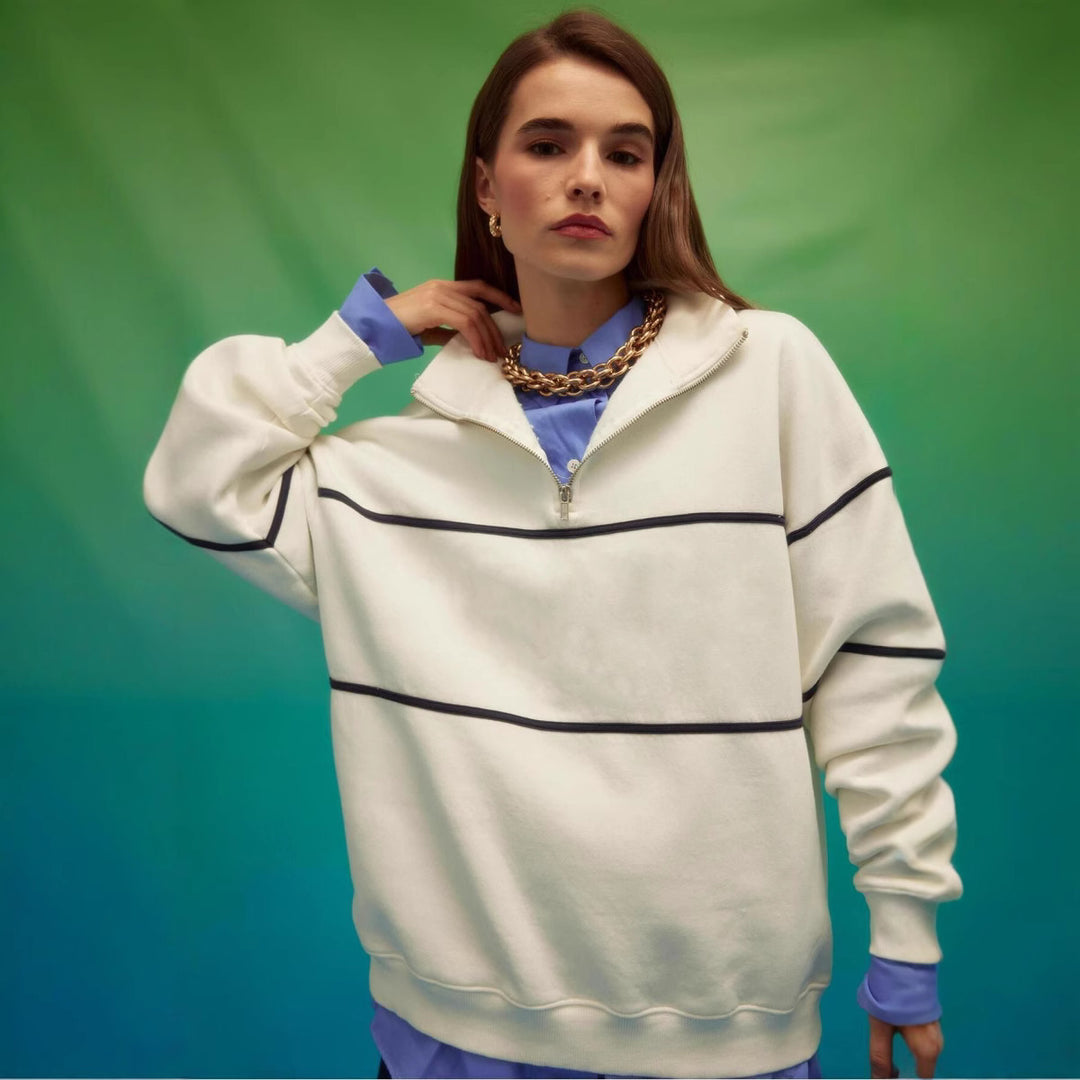 Kvinders oversized sweatshirt med lynlås og dekorative striber Skovae