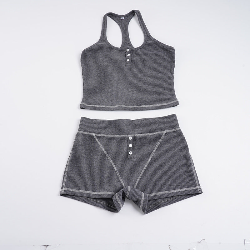 Dame Sporty top- og shorts-sæt lavet af blødt ribmateriale Skovae