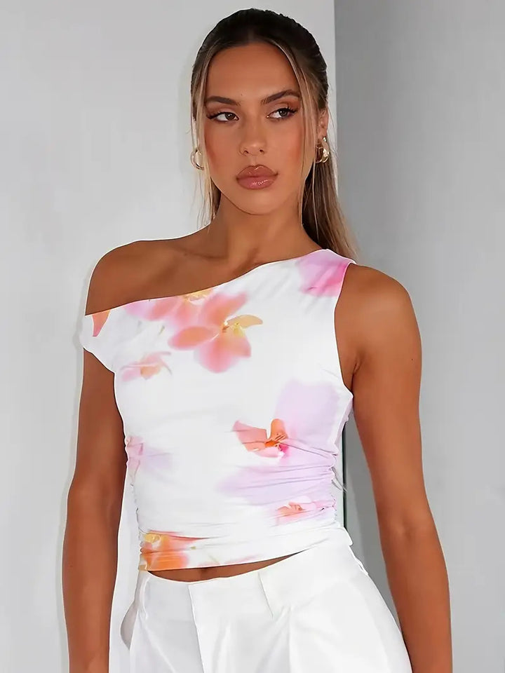 Dame Crop-Top med blomstret design og off-shoulder skæring Skovae