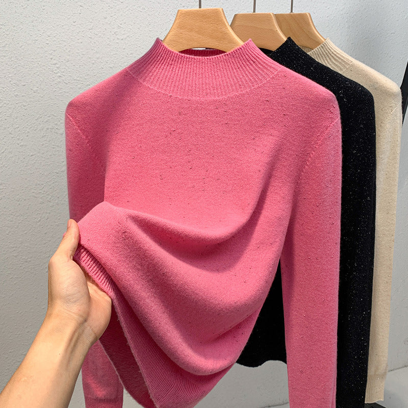 Dame strikpullover med fin glimmergarnstruktur og moderne ståkrave Stilla