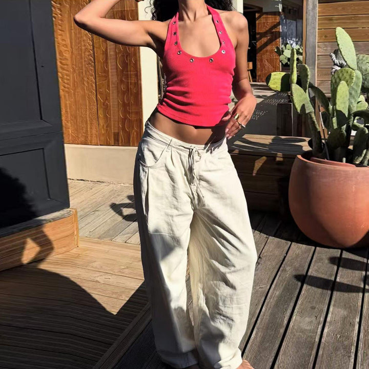 Dame sporty top med mode detaljer og dyb udskæring Skovae