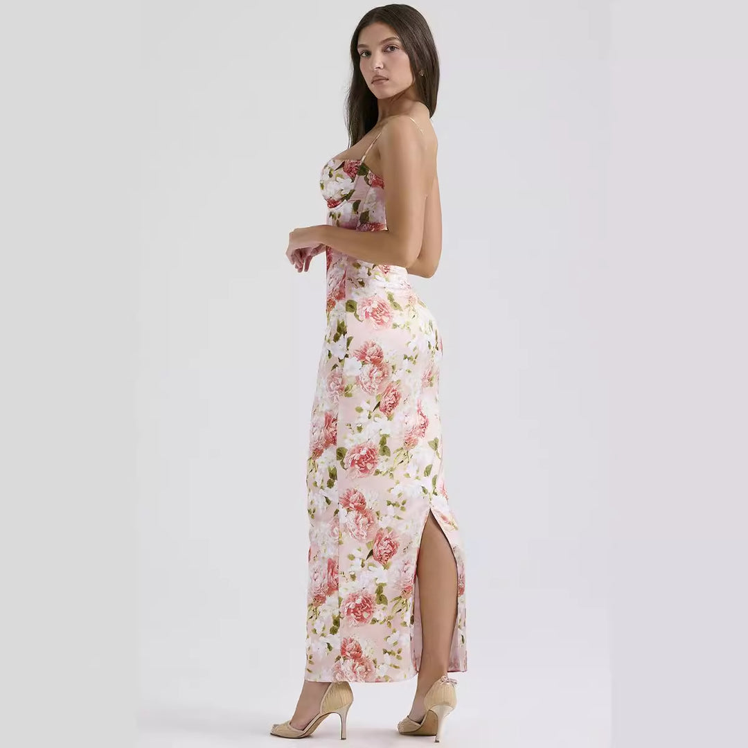 Kvindernes elegante maxikjole med blomsterdesign og justerbare spaghettistropper Stilla