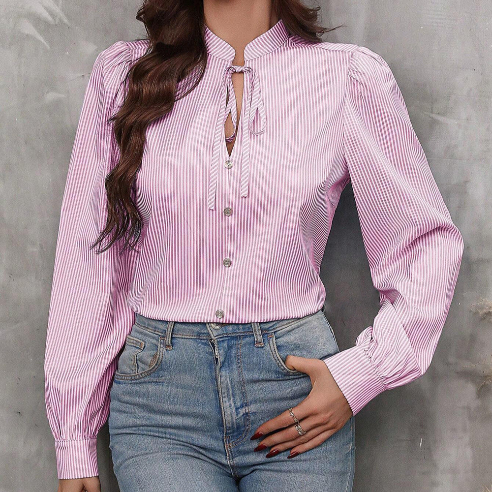 Damer stribet bluse top med krave Stilla