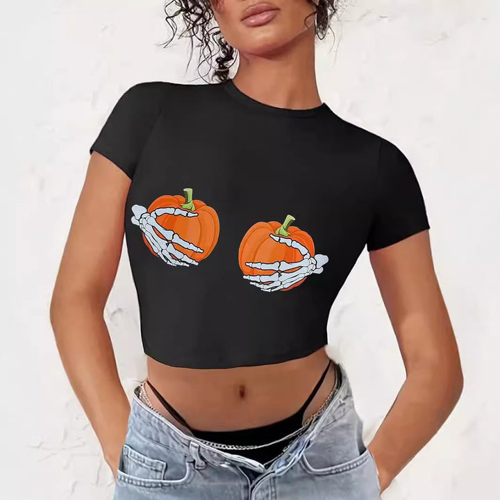 Dame Crop-T-Shirt med kreativt comic-motiv Skovae
