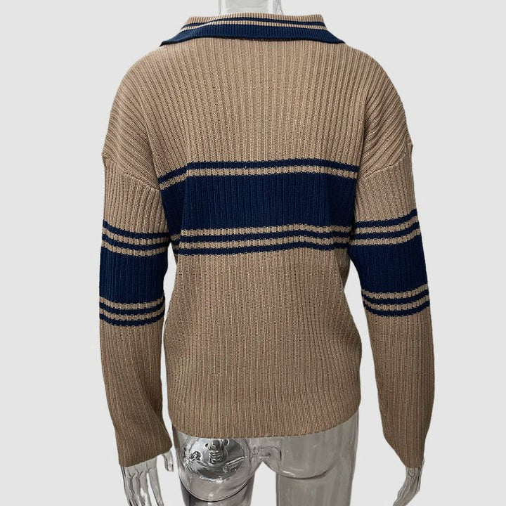 Dame Oversized Strikpullover med V-Udsnit og Stribedetaljer Stilla