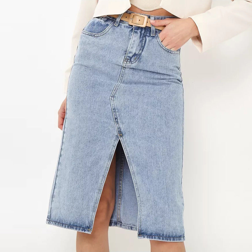 Dame denim midi nederdel med høj slids og alsidigt design Stilla