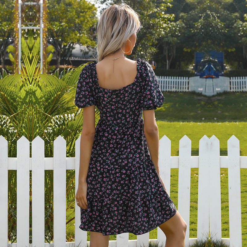 Damer Retro Floral Kjole med Bred Puf Ærmer og Voluminøs Skørt Stilla
