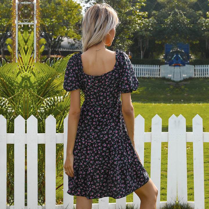 Damer Retro Floral Kjole med Bred Puf Ærmer og Voluminøs Skørt Stilla