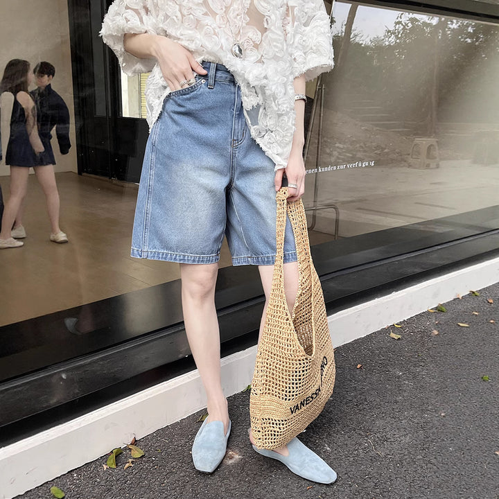 Dame afslappede denim shorts med højt liv og bred skæring Stilla