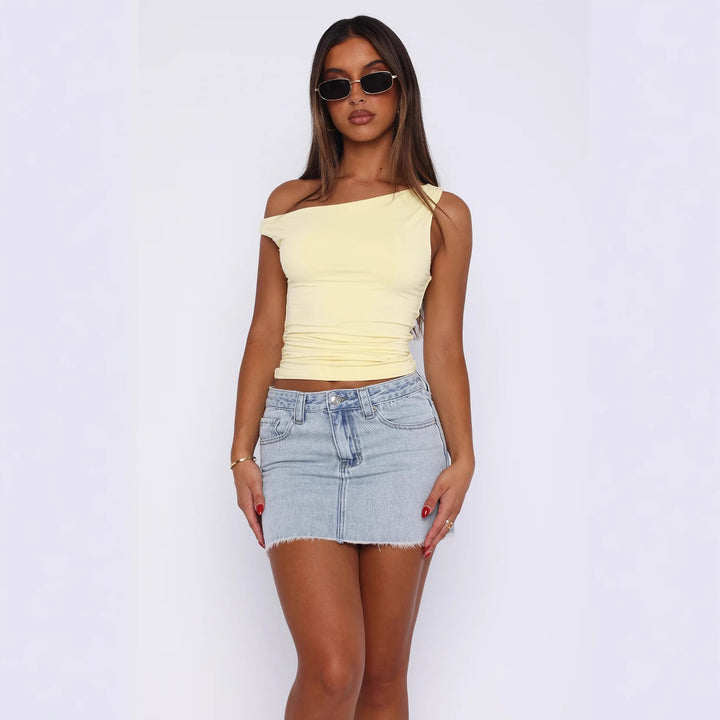 Dame Crop-Top med blomstret design og off-shoulder skæring Skovae