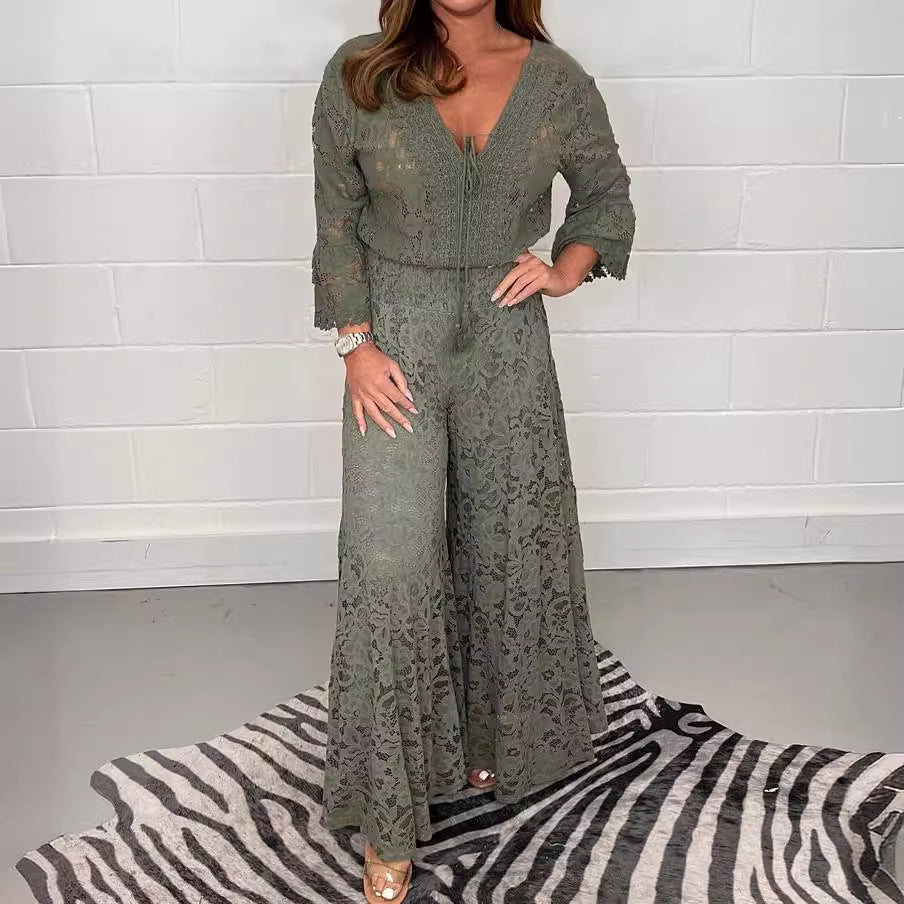 Dame Elegant spidse-outfit med bredt udfoldet bukseben og bindebånd Stilla