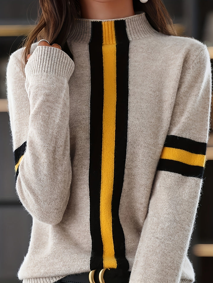 Dame Casual Stribet Strikpullover med Ståkrave Stilla