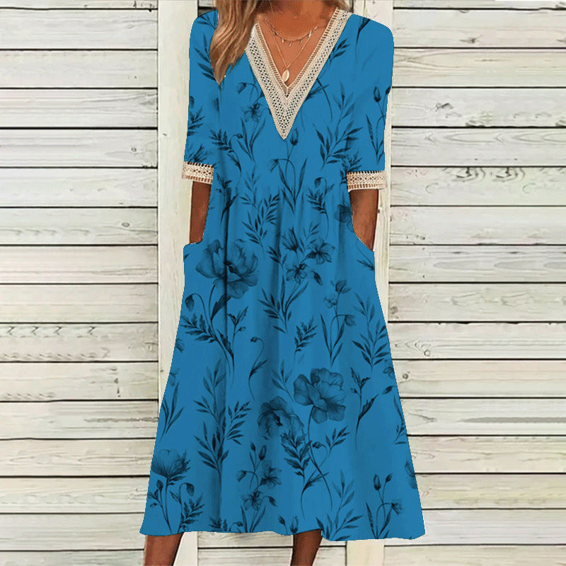 Stilla | Elegant Print V-hals Blonde Tre-vendt kvart Ærme Kjole