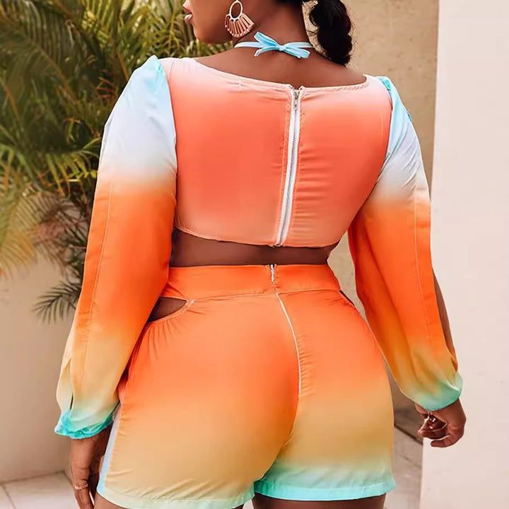Dame crop top med off-shoulder ærmer og farvegradient design Skovae
