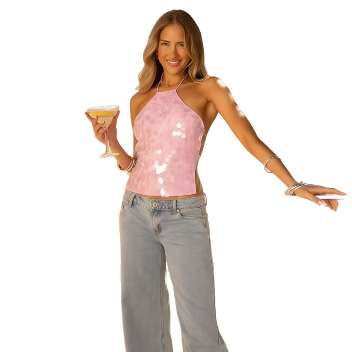 Dame glamour glitrende top med asymmetrisk halter design