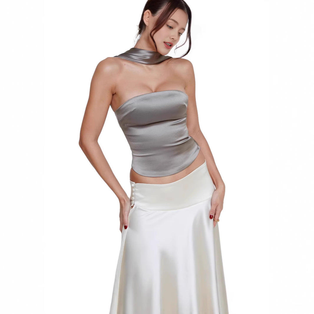 Femme Elegante Stropløse Satin-top med Choker Stilla