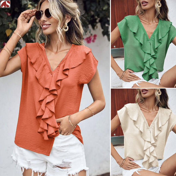 Damebluse med elegante flæsedetaljer og V-udskæring Stilla