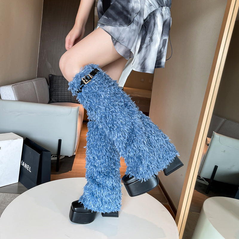 Femme Chunky Platform Over-Knee Støvler med Kunstpels Tekstur Design Stilla
