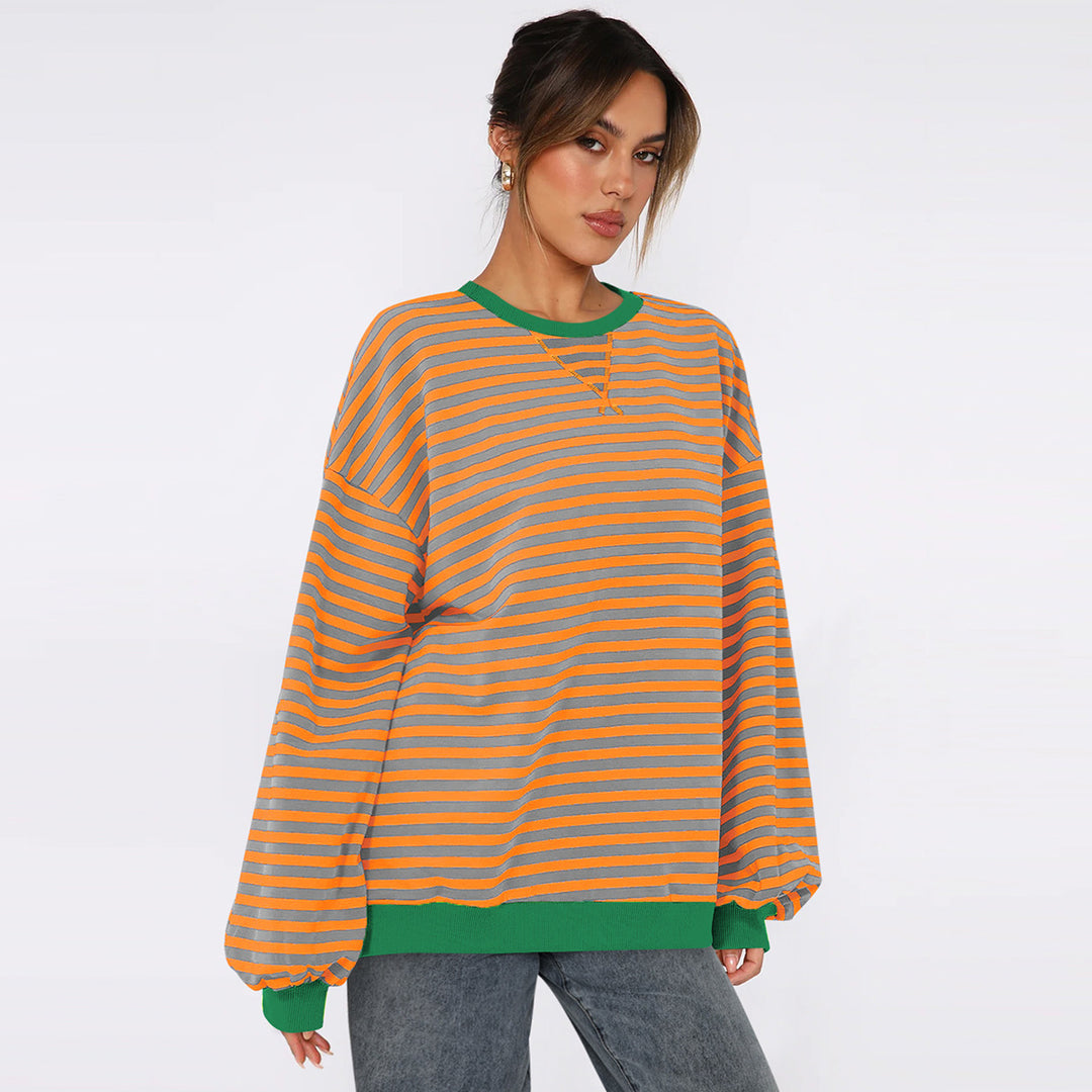 Dame Oversized Sweatshirt med stribet design og komfortable pufærmer Stilla