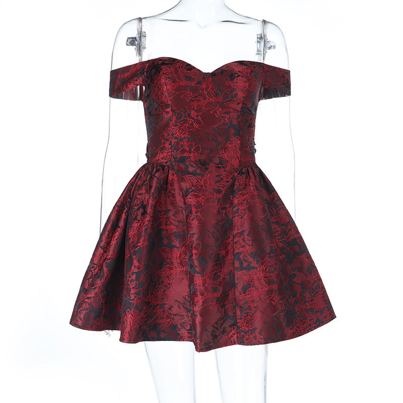 Dame Off-Shoulder Cocktailkjole med blomsterjacquard-mønster Skovae