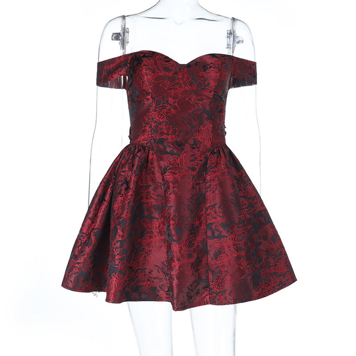 Dame Off-Shoulder Cocktailkjole med blomsterjacquard-mønster Skovae
