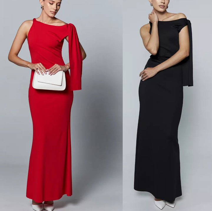Dame Elegant lang kjole med asymmetrisk ærme og kropsnær pasform Stilla