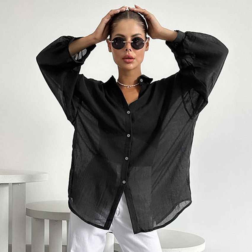 Dame Oversized Skjorte bluse i let linenmix med lange ærmer og moderne snit Stilla