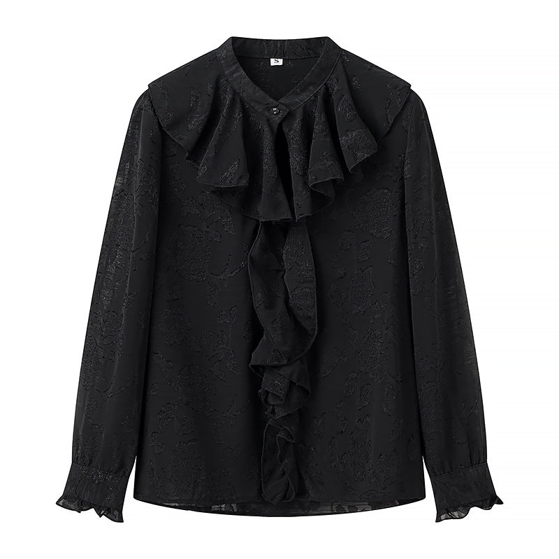 Damebluse med voluminøs rynkekrave og fin hulbroderi Stilla