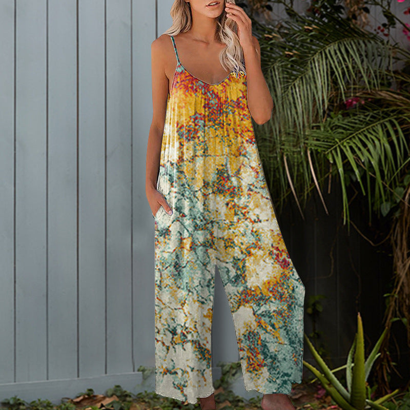 Dame elegant jumpsuit med blomstret mønster og vide ben Stilla