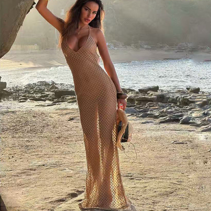 Dame Hæklet Strandkjole med V-udskæring og fint netdesign Skovae