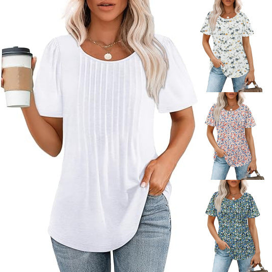 Dame T-shirt med feminin pufærmer og fine folder Stilla