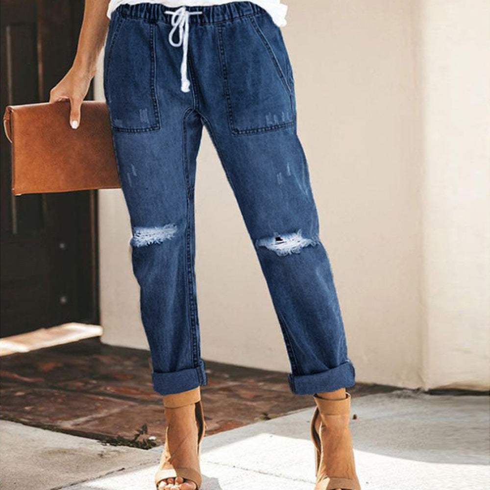 Dame Destroyed Jeans med elastisk talje og afslappet snit Stilla
