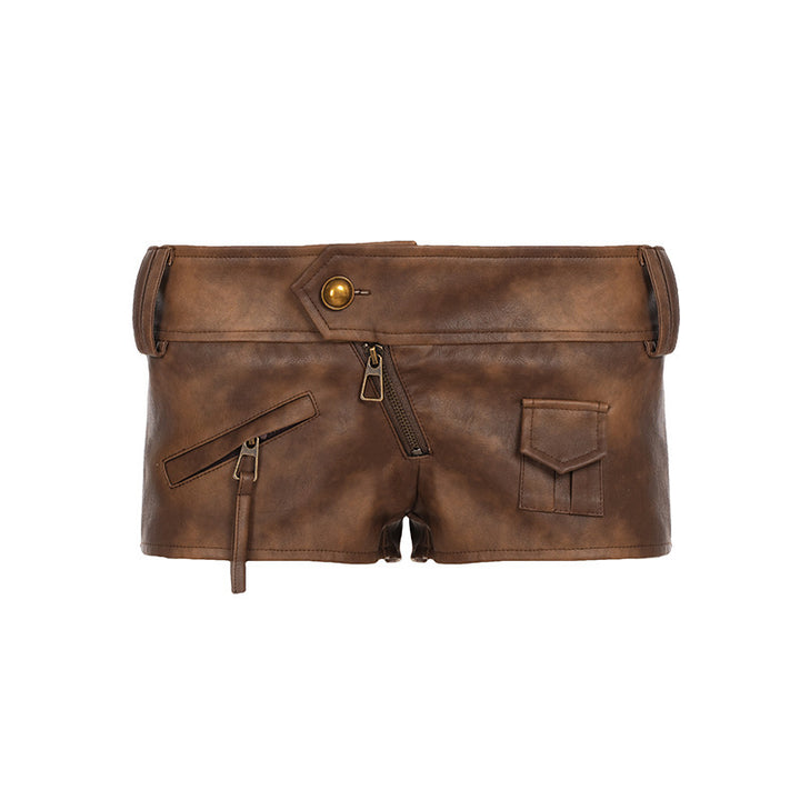 Dame Modische Shorts aus Kunstleder mit praktischen Taschen und dekorativen Reißverschlüssen Skovae