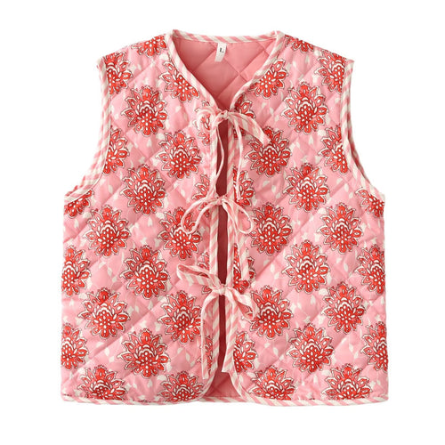 Dame quiltet vest med blomsterdesign og elegante bindebånd Stilla