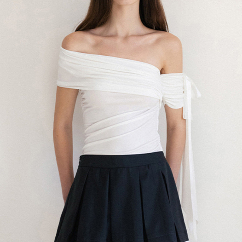 Dame Off-Shoulder Top med ruffle detaljer og gennemsigtig ærme Skovae