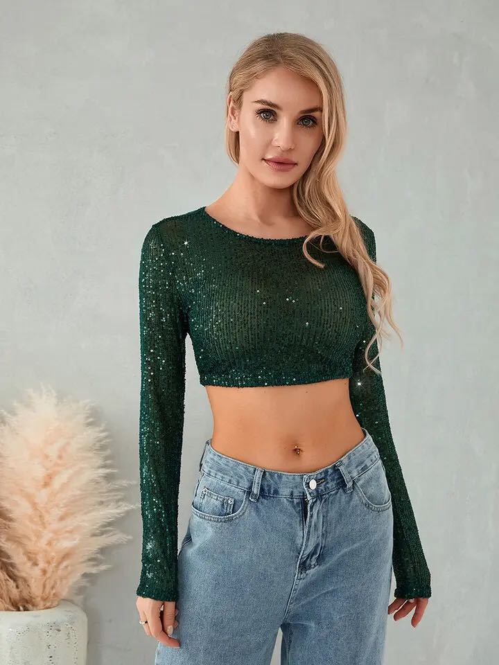 Dame Glitrende Cropped-Top med lange ærmer og funklende design Stilla