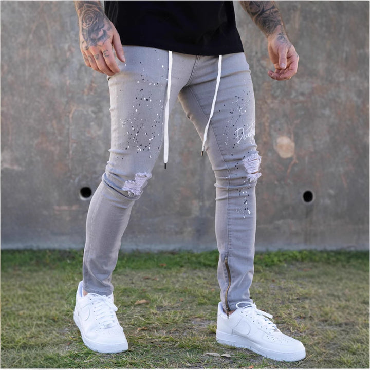 Herrer Ripped Jeans med modiske applikationer og sidelæns lynlåse Stilla