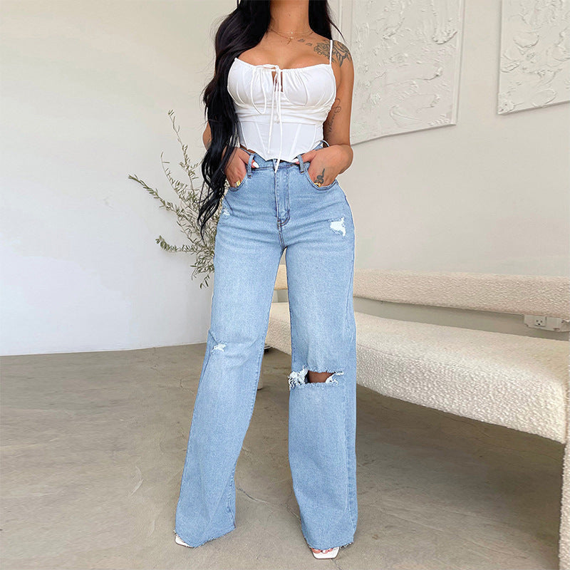 Dame Wide-Leg Jeans med høj talje og moderne revneffekter Stilla