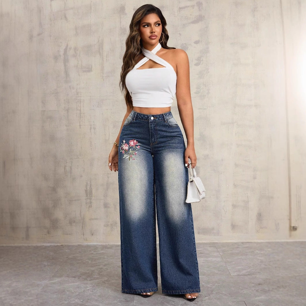 Kvinders brede denim jeans med blomsterbroderi Stilla