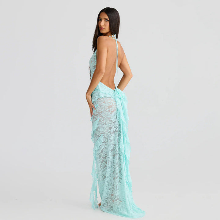 Damen verführerisches Spitzenkleid mit asymmetrischem Saum und Rüschendetails Skovae