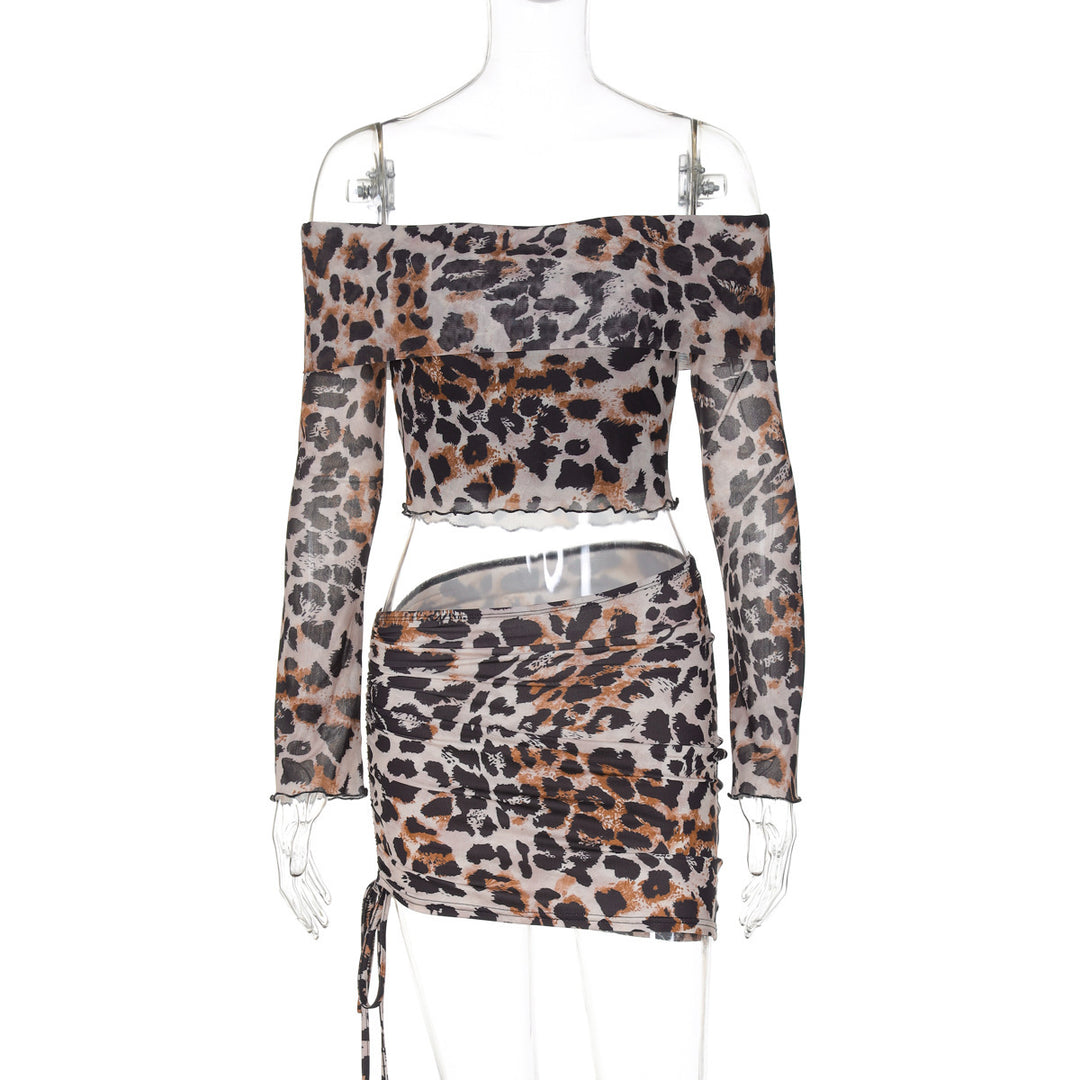 Dame Elegant og tætsiddende Off-Shoulder Outfit i unikt leopardmønster Stilla