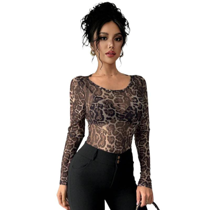 Dame Langærmet bodystocking med gennemsigtigt leopardmønster og tætsiddende pasform Skovae