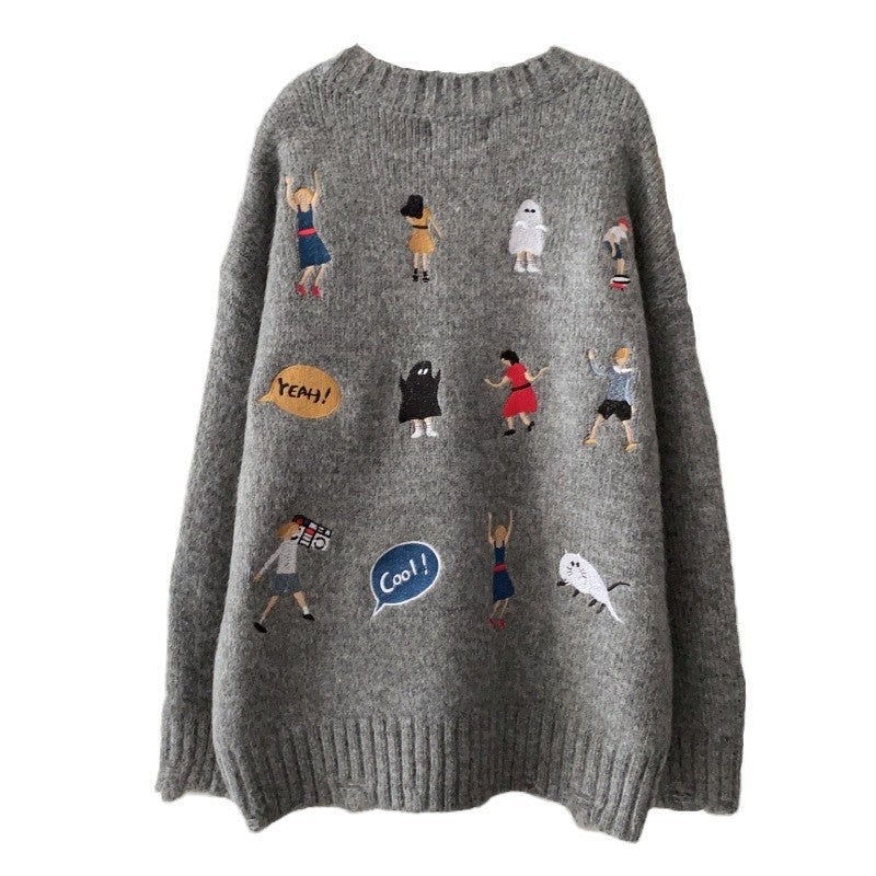 Kvindernes chunky strikket sweater med unik broderi Stilla
