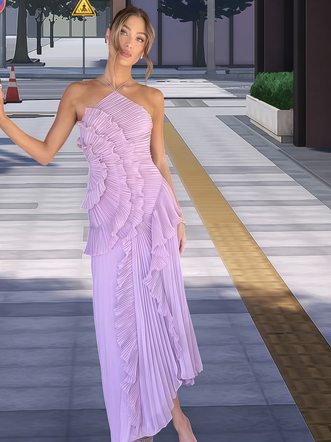 Dame Elegant Wrap Kjole med Flydende Plisseret Nederdel og Asymmetriske Rynkedetaljer