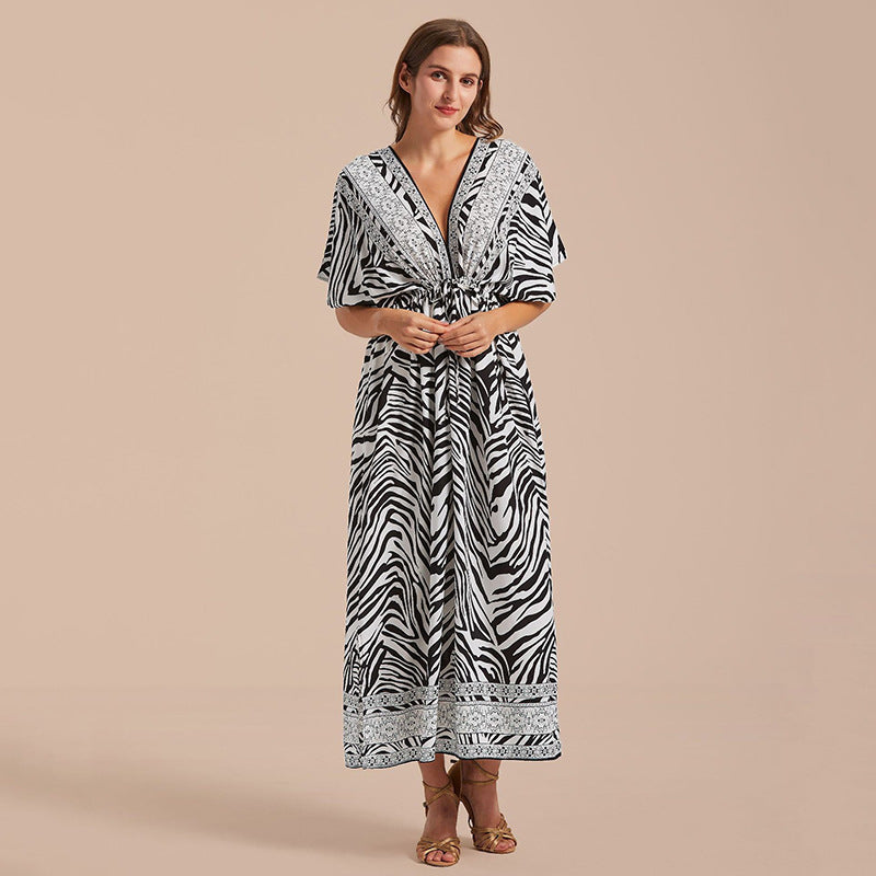 Dame Kaftan Kjole med kunstnerisk Zebra-design og luftig Silhuet Stilla