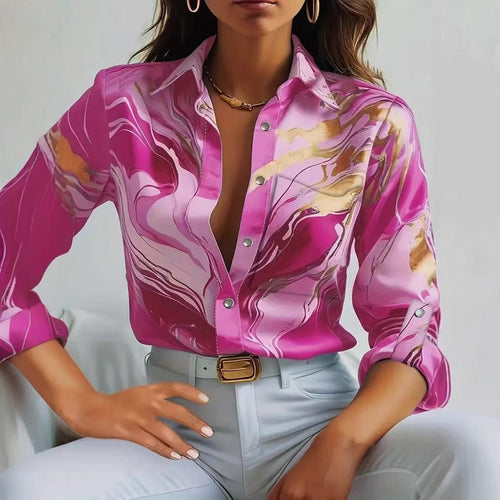 Dame elegant bluse med marmoriseret design og smart ståkrave Stilla