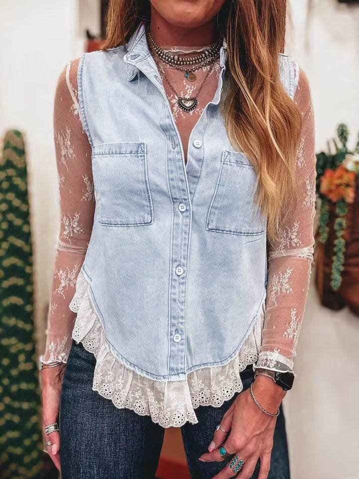 Dame afslappet jeansbluse med spidskant og to påsatte lommer Stilla