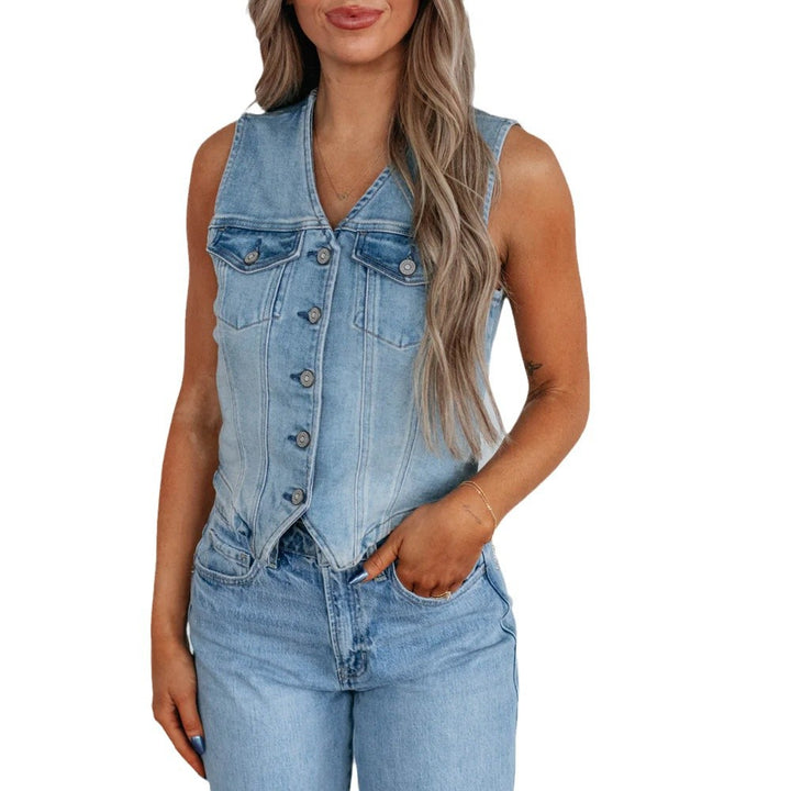 Dame Denim Vest med knaplukning og moderne skærramme Stilla